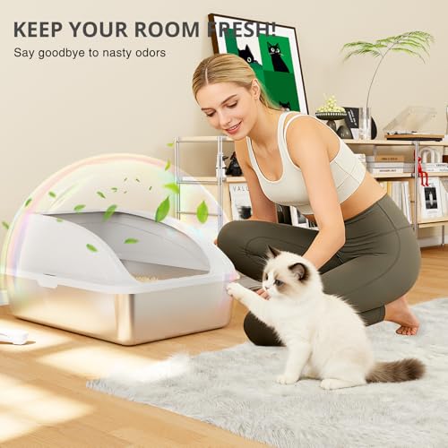 Stainless Steel Cat Litter Box with Lid, Metal Kitty Litter Box with Scoop, Non-Stick Base, Easy to Clean for Cat, Rabbit, Guinea Pigs and Hamsters - Gray - color: Grey