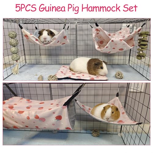 kathson 5 PCS Guinea Pig Hammock Set, Washable Rat Hammock, Guinea Pig Hideout Bed Soft Hamster Hanging Tunnel Mats Small Pets Cage Accessories for Chinchilla, Sugar Glider, Squirrel(Pink) - color: Pink