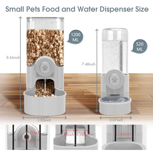 Yummy Sam Hanging Cage Automatic Small Pet Food Bowl Water Bottle Dispenser, Detachable Auto Gravity 1.2L Self-Feeding Feeder and 0.52L Waterer Set Kennel Feeding Station for Puppy Cats Rabbit(Grey) - color: Grey