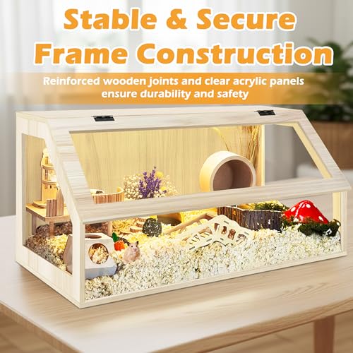 PROLEE Hamster Cage Large Chewproof, 40" x 20" x 20" Sloped Mice and Rat Habitat with Clear View, Solid Built with Lockable Design and Openable Top (Oak) - color: Oak
