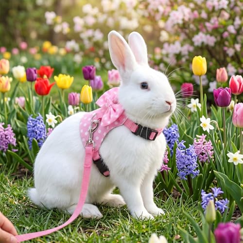 Gjinxi Adjustable Bunny Rabbit Harness Leash Set Comfort No Pulling Vest | Cute Mesh Harness Stuff with Bow, Escape Proof, Accessories, for Small Pets, Kittens, Guinea Pig, Baby Ferret, Rats, Hamster