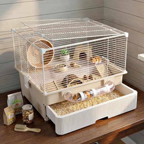 Oneluck 2 Tiers Large Hamster Cages with Accessories,Drawer-Style for Easy Cleaning,Small Animal Habitats for Syrian Hamster,Gerbil, Mice(White)