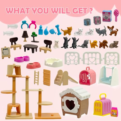60PCS Realistic Cat & Dog Figures Playset - Educational Pet Pretend Play Toys for Kids Ages 3+, Role Play Kit with Animal Figures & Accessories for Boys & Girls Learning & Imagination Development