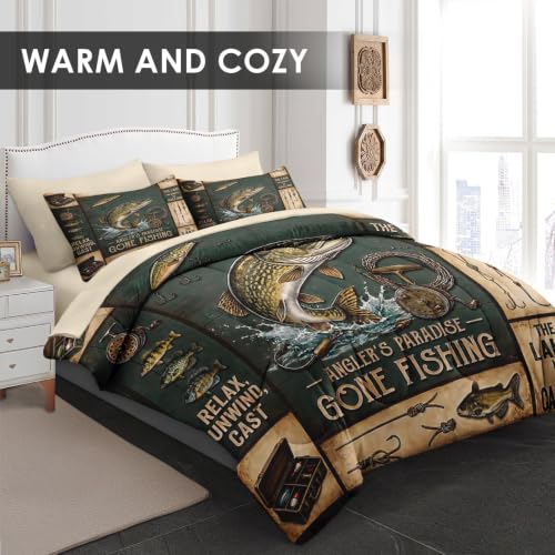 King Comforter Set with Sheets, 7 Pieces Fishing Fish Bedding | Bed in A Bag for All Season, Vintage Rustic Cabin 2 Pillowcases & 2 Shams for Kids and Adults - color: Vintage Fishing, size: King