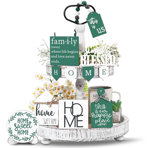 FairySandy 11 Pcs Home Tiered Tray Decor Spring Ustic Farmhouse Tiered Tray Decorations Set Home Wooden Signs Vintage Farm Animal Farmhouse Tabletop Wood Signs for Kitchen Table Shelf Decor - style: Green Style