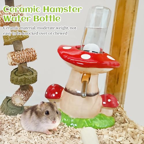 BNOSDM Hamster Water Bottle No Drip Ceramic Hamster Water Bottle for Glass Tank - 80ML Water Dispenser with Mushroom Stand Holder for Syrian Hamsters, Dwarf Hamsters, Mice, Gerbils(red) - color: Red-Mushroom