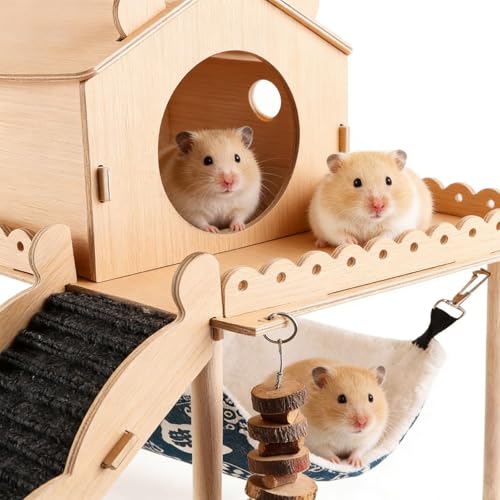 Guinea Pig Hideout Wooden Hamster Castle with Stair Hammock House | Detachable Double-Decker Guinea Pigs House for Hamsters Rabbit Chinchilla Small Animal Hiding Sleeping Activities