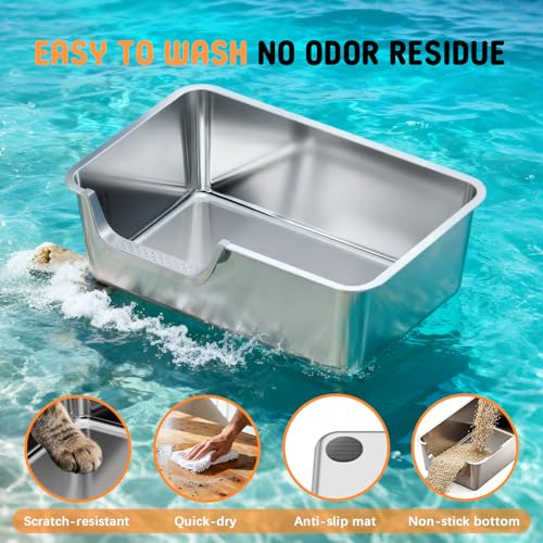 Stainless Steel Litter Box with High Sides,23.60" L X 15.7" W X 7.8" H,Extra Large Jumbo Cat Litter Box,XL Kitty Metal Liter Box for Indoor Big Cats,Non-Sticky,Anti-Leakage(Left Entry) - size: Left Entry (Long Side)