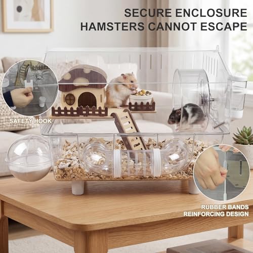 Loungewave Acrylic Hamster Cage, 8 in 1 Gerbil Cage with Accessories | Mushroom House Style Dwarf Hamster Cage with Full Transparent Viewing, Clear View Inside Easy to Clean, Excellent Ventilation - color: Transparent-1