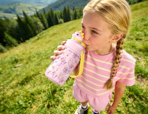 POWCAN 12 oz Kids Water Bottle: 2-in-1 Straw Spout Lid with Soft Animal Head, Leakproof, Backpack Friendly, Keep Cold 24H, Cute Patterns, Insulated Cup for School, Playtime, Trip, Gift (Lovely Trike) - color: Lovely Trike, size: 12 Ounces