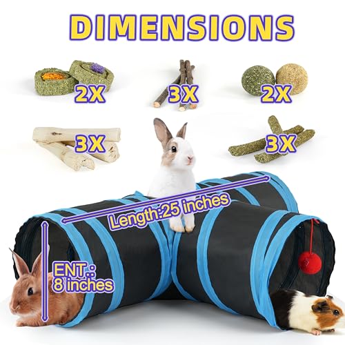 Bunny Tunnels & Tubes Collapsible 3 Way Rabbit Hideout with 13pcs Toys for Bunny Guinea Pig Hamster Chinchilla Hedgehog Rat Ferret Kitten (BK&BU) - color: BK&BU