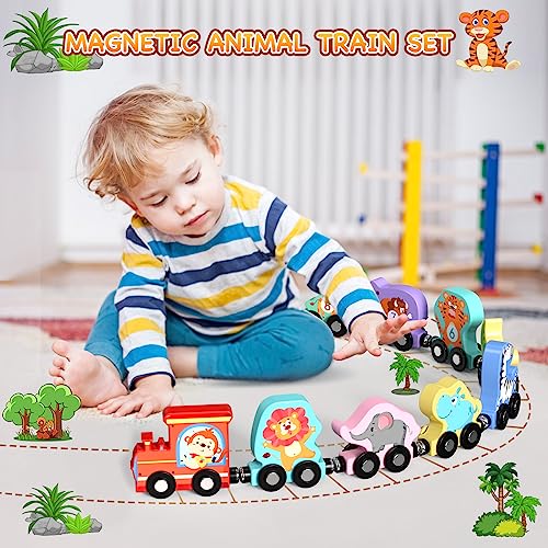 Zeoddler Toys for Toddlers, 11 Magnetic Wooden Animals Train Set, Montessori Toys for Toddlers, Preschool Learning Activities for Kids, Birthday Gifts for Boys, Girls - style: Animal