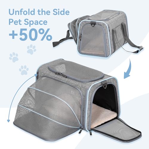 Petsfit Medium Expandable Cat Carrier for Air Travel, Up to 13 lb | 17 x 11 x 11 in; sized for Delta Airlines, with locking zippers, a handy D-ring, large pocket and multi-side ventilation. - color: Light Gray, size: 17.0"L x 11.0"W x 11.0"H