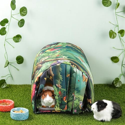 IBWell Guinea Pig Hideout Tunnel with Curtains Cute Forest Bunny Hideaway for Cage Accessories Washable Soft Hedgehog Hides and Houses - color: forest