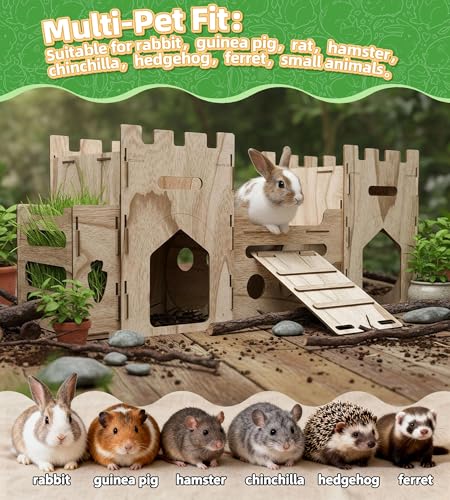 HIIMALEX Extra Large Wooden Bunny Castle House Multistory Climbing Tower Hideout Ventilated Sturdy Habitat for Rabbit Guinea Pig Chinchilla Ferret