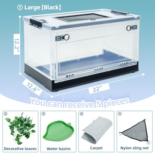 22" Foldable Mesh Reptile Terrarium for Bearded Dragon & Gecko | High-temp resistant mesh; foldable design for portability. Clear panels allow 360° views. Fits lizards, geckos & iguanas - color: Black, size: Large (22"x12.6"x12.2")