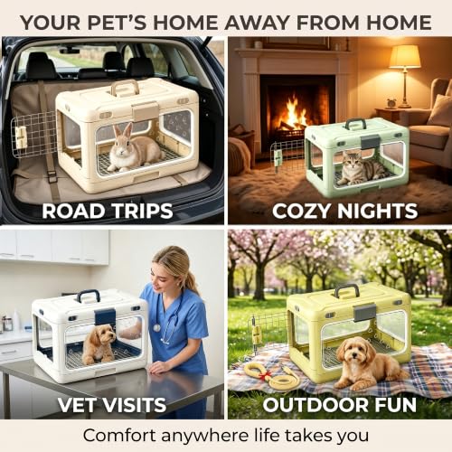 Foldable Hard Cat Carrier, Transparent Pet Crate for Cats & Small Dogs, Collapsible Travel Kennel with Ventilation & Urine Pad Mesh Grid, Portable Travel cage, Essential for pet Travel, White - color: White