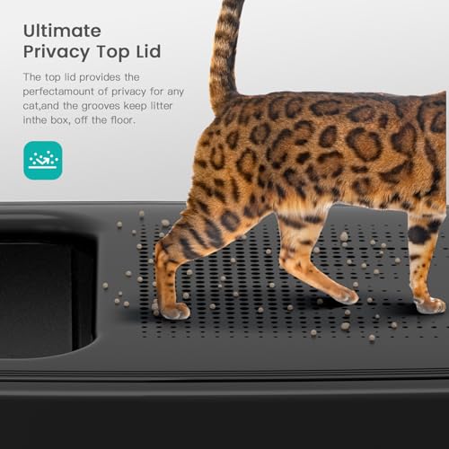 XL Stainless Steel Cat Litter Box with Lid, Top Entry, Mat & Scoop Included | XL for Big Cats, High Sides Enclosed Design, Anti-Urine Leakage, Non-Stick Odor-Free, Easy Clean, Reduce Litter Tracking - color: V-Black