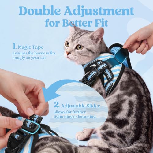 rabbitgoo Cat Harness and Leash Set, Step-in Soft Vest, Blue Wave | Escape Proof, Lightweight, Easy-on & Adjustable, Hook & Loop with Buckle, Reflective, for Kittens & Small Cats Walks, S - color: Blue Wave, size: S