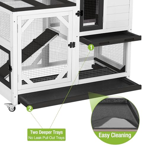 GUTINNEEN Rabbit Hutch Indoor Outdoor 2 Story Bunny House on Wheels Wood Rabbit Cage with 2 Pull Out Trays Guinea Pig Cage (Black) - size: 39.3"L x 22.0"W x 36.8"H