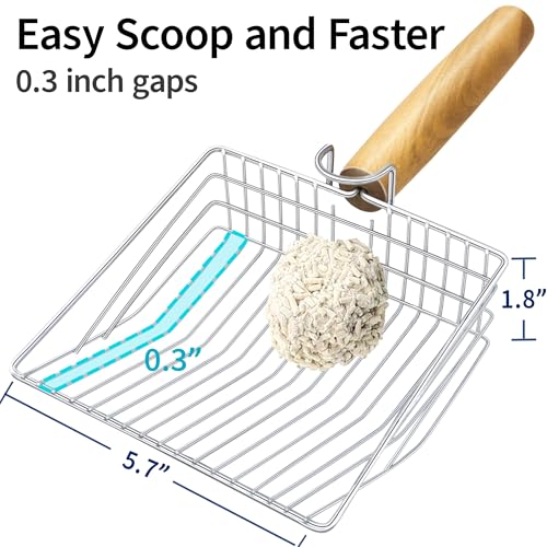 UFECODO Fast Sifting Cat Litter Scoop with Holder Stand, Stainless Steel Poop Scooper with Ergonomic Wood Handle, Heavy Duty and Easy Clean - size: 0.3inch gap