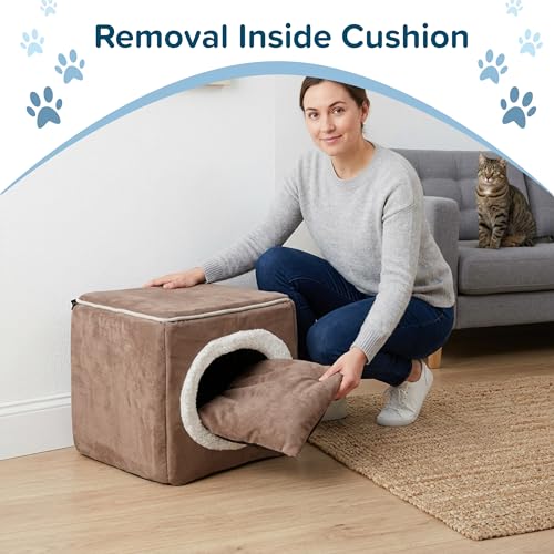 Cat House - Indoor Bed with Removable Foam Cushion - Cat Cave for Puppies, Rabbits, Guinea Pigs, and Other Small Animals by PETMAKER (Light Brown) - color: Light Brown