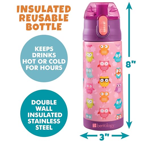 Bentology Stainless Steel 13 Oz Reusable Water Bottle for Kids, Owl | Double Wall Insulated, Spill Proof Lid W/Built-in Straw- Keep Liquids Hot or Cold- Easily Fits in Lunch Boxes & Bags - color: Owl