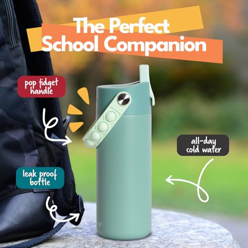 Elemental Insulated Kids Water Bottle, Stainless Steel Water Bottle with Straw Lid & Pop-It Handle, Leak-Proof Water Bottles for School, Boys or Girls, Travelling and Sports, 18oz - Sage - color: Sage