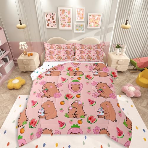 Capybara Lover Bedding Set, Capybaras Decor Comforter Set Queen For Kids Girls Bedroom, Cartoon Rodent Animals Quilted Duvet Capybara Decorations Watermelon Strawberry Duvet Insert Kawaii Decor, Pink - color: Multi 13, size: Queen