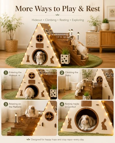 Tnstbiee Large Modern Wooden Rabbit Castle House Hutch - Bunny Hideout Indoor Habitats - Pet 2-Story Home Furniture（Excluding Street Lights）
