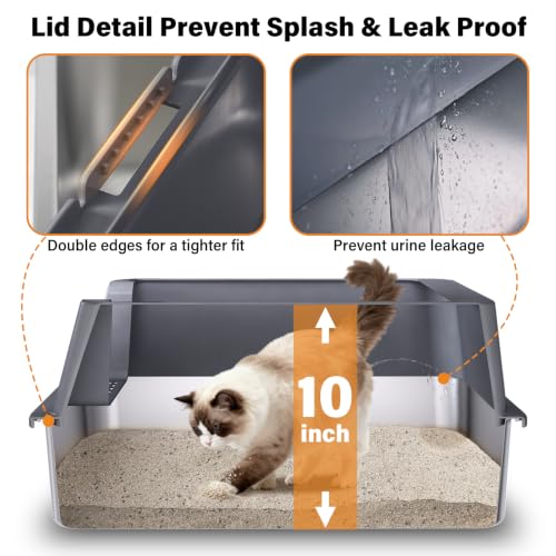 Stainless Steel Litter Box with Lid,XL Extra Metal Cat Litter Box | Large Litter Boxes for Big Cats,Metal Kitty Litter Boxes with Anti-Leakage, High Sides,Easy to Clean,Scoop & Mat Included - color: 573713Gray