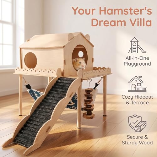 Guinea Pig Hideout Wooden Hamster Castle with Stair Hammock House | Detachable Double-Decker Guinea Pigs House for Hamsters Rabbit Chinchilla Small Animal Hiding Sleeping Activities