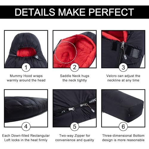 0 Degree Down Sleeping Bag for Adults,Cold Weather Backpacking | 650 Fill Power Down, 4-Season Use, Large Lightweight Compact Carry, Camping Hiking Backpacking - color: 10 Degree