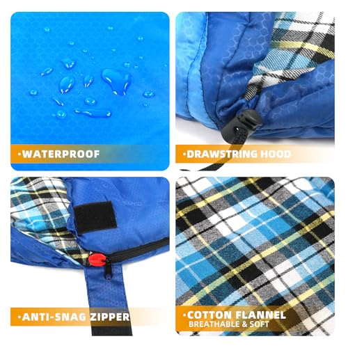 Cotton Flannel Lined Sleeping Bag for Adults Teens Kids, Cold Weather & Warm, 3 Seasons, Lightweight Compact Camping Essentials Equipment, Hiking, Outdoor, Travel - color: Deep Blue & Light Blue