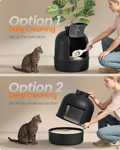 Feandrea Plant Cat Litter Box Enclosure with Artificial Plant, Enclosed Hidden Litter Box Furniture with Door, Carbon Filter, Odor Control, Pebbles, Scoop, Brush, Ink Black UPPT006B101 - color: Ink Black