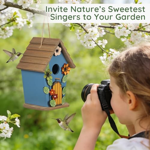 Wooden Bird Houses for Outside,Farmhouse Hanging Blue Birdhouse | Decorative Birdhouses for Outdoors,Bird Box Nest,Humming Bird House for Garden Patio Decor - color: Blue