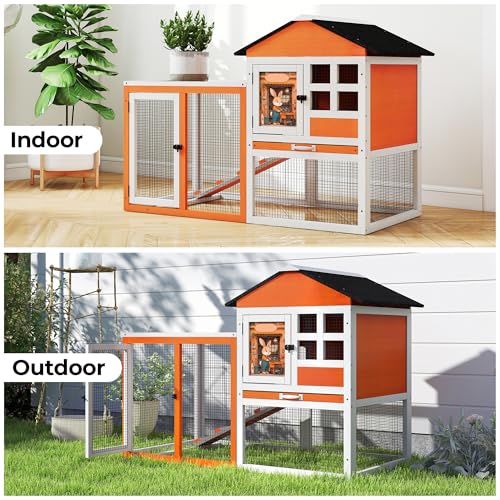 48" L Rabbit Hutch Outdoor Indoor, Expandable 2-Story Large Wooden Bunny Cage with Run, Removale Tray, Top-Opening Waterproof Roof, 2 Doors, DIY Drawing Board, Orange + Colorful Pattern