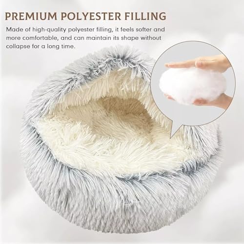 Cat Bed Round Fluffy Hooded Cat Bed Cave, Anti-Anxiety Cave Bed with Hooded Blanket, Cozy Cuddler Luxury Puppy Pet Bed, Anti-Slip Bottom and Machine Washable (Grey, Large) - color: Grey, size: Large