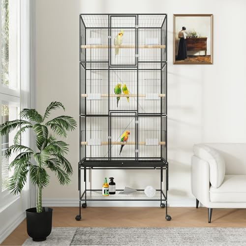 69 Inch Tall Parrot Cages for Large Birds, Three-Level Rolling Parakeet Cage with Storage Shelf Perches Feed Bowls, Bird Flight Cage, Large Bird Cages for Parrots Macaws Conures Cockatiels Parakeets