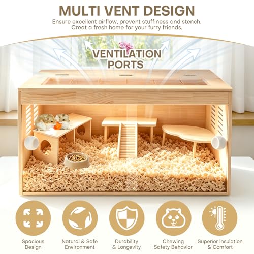 Hamster Cage 32 Inch Large Chewproof Wooden Habitat, Openable Top, Double Openable Acrylic Sheet Doors, Easy Assembly, Hamster Enclosure for Gerbil & Syrian Hamster, Dwarf Hamster (with Accessories)