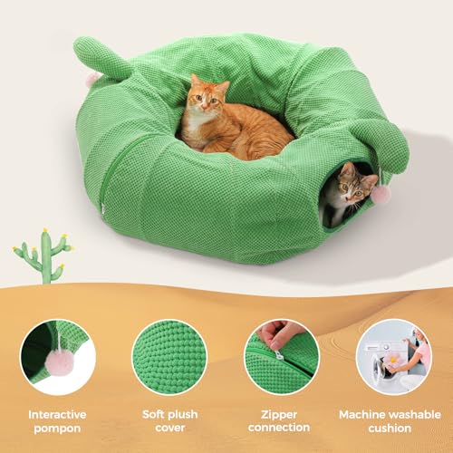 PEQULTI Cat Tunnel with Bed for Indoor Cats, Cat Play Donut Tunnel with Washable Soft Plush Flower Mat, Round Tube Toys Cute Tube for Kittens, Puppies, Rabbits and Ferrets, Green&Pink - color: Flower