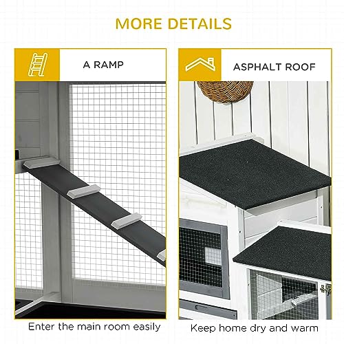 PawHut 62" Rabbit Hutch with Run Area for Rabbits, Chickens, White | Wooden Bunny Hutch, Guinea Pig Cage, Small Animal Enclosure, Removable Tray, Asphalt Roof, Lockable Doors, Ramp for Ducks - color: White