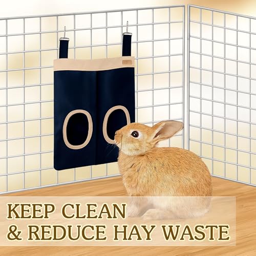 Rabbit Hay Feeder Bag for Guinea Pigs and Chinchillas | Chew Proof Washable Oxford Cloth Hay Rack, Timothy Hay Holder, Hanging Double Hole Black Oxford Cloth