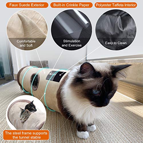 Collapsible Cat Tunnel Pet Play Tube Crinkle Tunnel with Cat Toys，Length 35" Diameter 9.7" - color: Brown, size: 35 inch