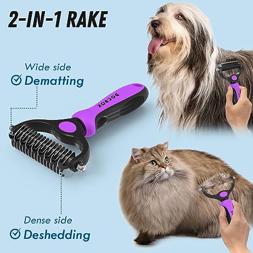 Docrok Pet Grooming Brush and Metal Comb Combo - Undercoat Rake for Dematting and Deshedding Long Matted Haired Dogs and Cats, Purple | Dematting Deshedding Undercoat Rake, Cat Brush Dog Brush Shedding Tool for Long Matted Haired Pets - color: Purple