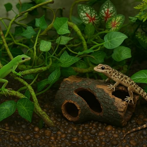 13 PCS Reptile Reptile Eco Bottle Decoration Set - vines, eco bottle plants, hanging greenery, leaf feeders, lizards, geckos, bearded dragons Landscape drawn hideout logs and habitat accessories