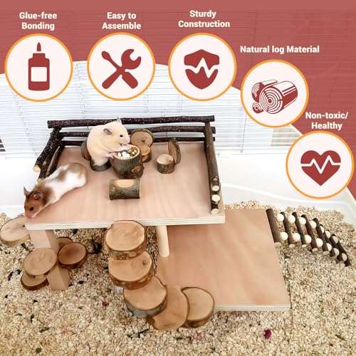 VolksRose Wooden Hamster Playground Platform, Hamster Climbing Toy, Natural Living Climb System, Small Animals Activity Set with Ladder Food Bowl Ramp Bridge for Mouse Gerbil Rat Chinchilla - color: #3