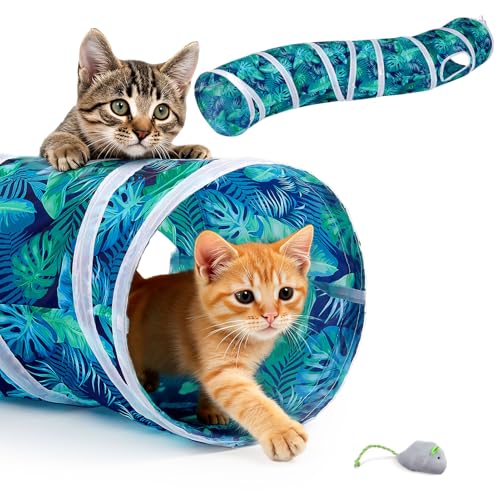 Glittme S-Shape Cat Tunnel, Foldable Cat Tunnels for Indoor Cats | Interactive Bunny Tunnel And Cat Tubes With Crinkle Sounds. Ideal For Kittens, Ferrets And Small Pets To Hide, Play Or Rest - color: Green Leaves