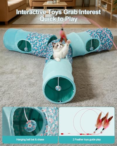 Cat Tunnel, 3 Straight Shaped Tunnels 6 DIY Shapes with Wand Toys, No Noise Scratch Resistant Cool Linen Fabric, Interactive Pet Tunnel Tube for Indoor Cats, Puppy and Rabbits - color: Blue Flower