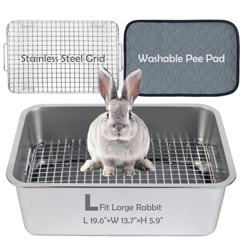 MEEXPAWS Rabbit Litter Box Stainless Steel, Large Bunny Litter Box with Raised Grid and Washable Pee Pad, Metal Litter Pan High Side for Rabbit,Small Animal Toilet Potty Tray Easy Cleaning,Less Stink - size: L 19.6"x13.7"x5.9" for Large Rabbit